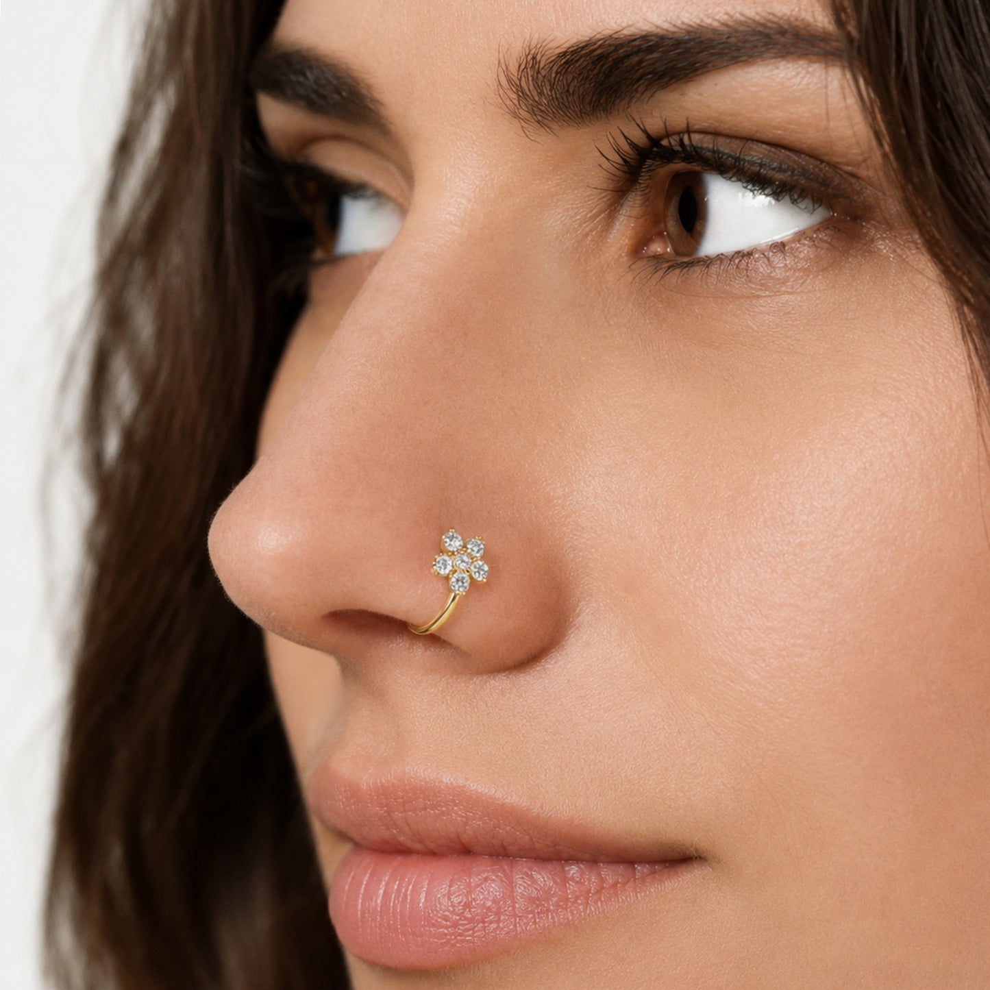 Gold CZ Flower Fixed Hoop Nose Ring