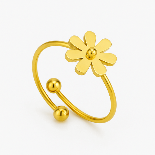 Gold Titanium Flower Cuff Ring – Adjustable Open Band