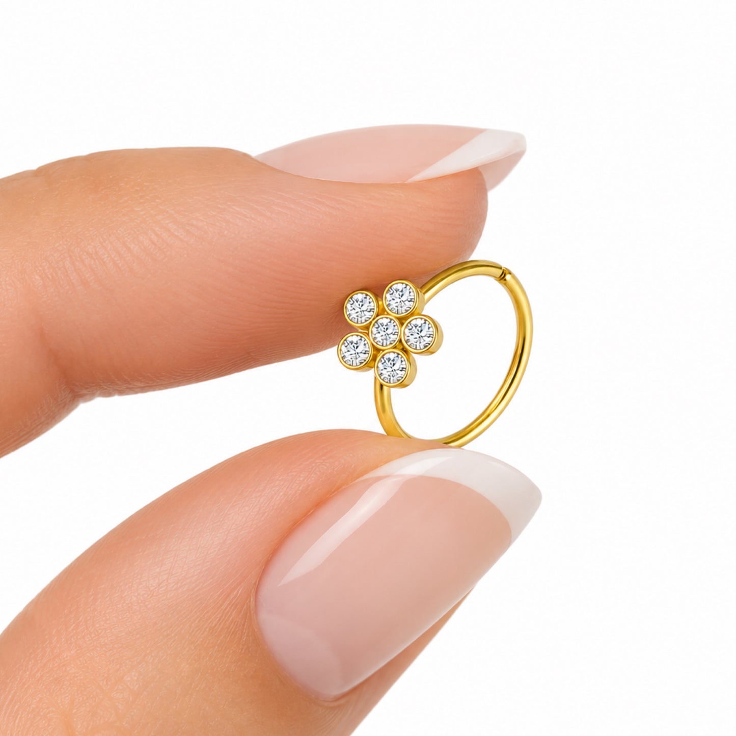 Gold CZ Flower Fixed Hoop Nose Ring