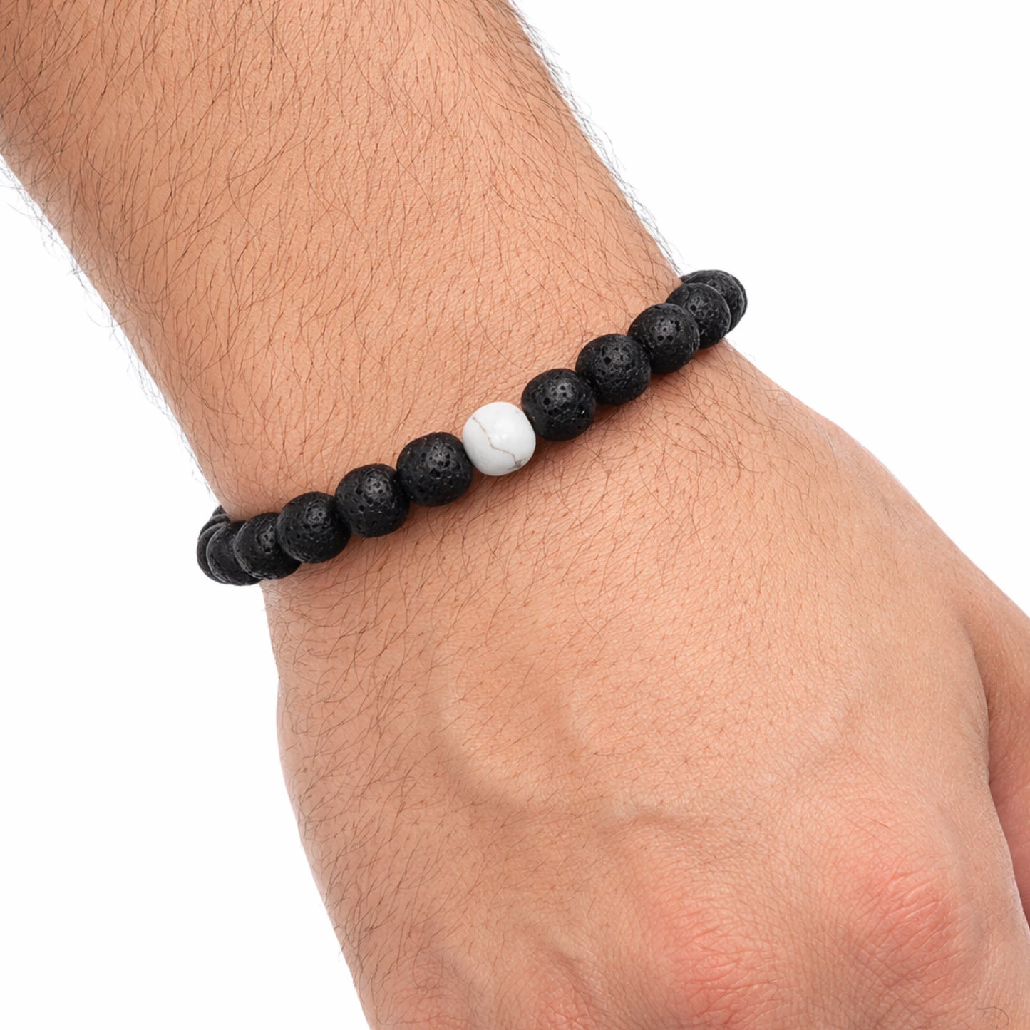 Black Lava Stone & White Howlite Beaded Stretch Bracelet