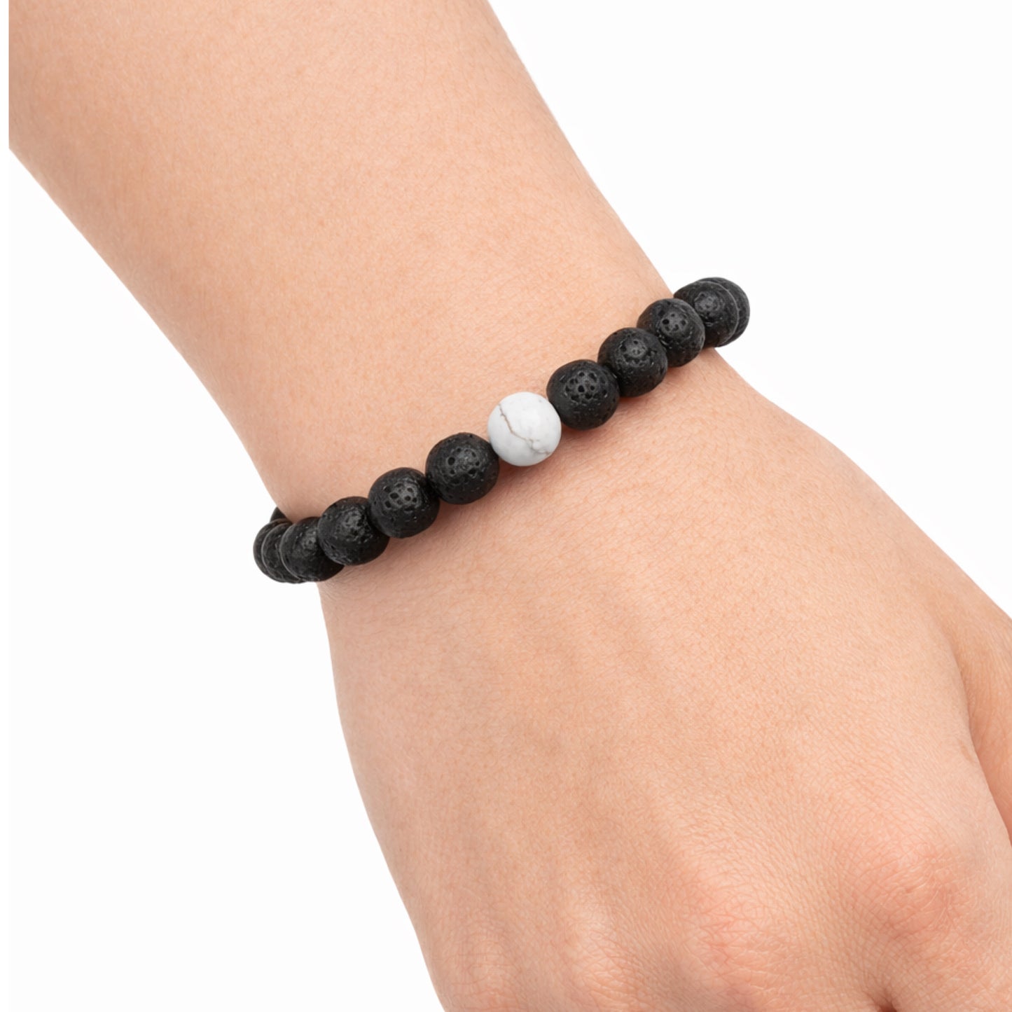 Black Lava Stone & White Howlite Beaded Stretch Bracelet
