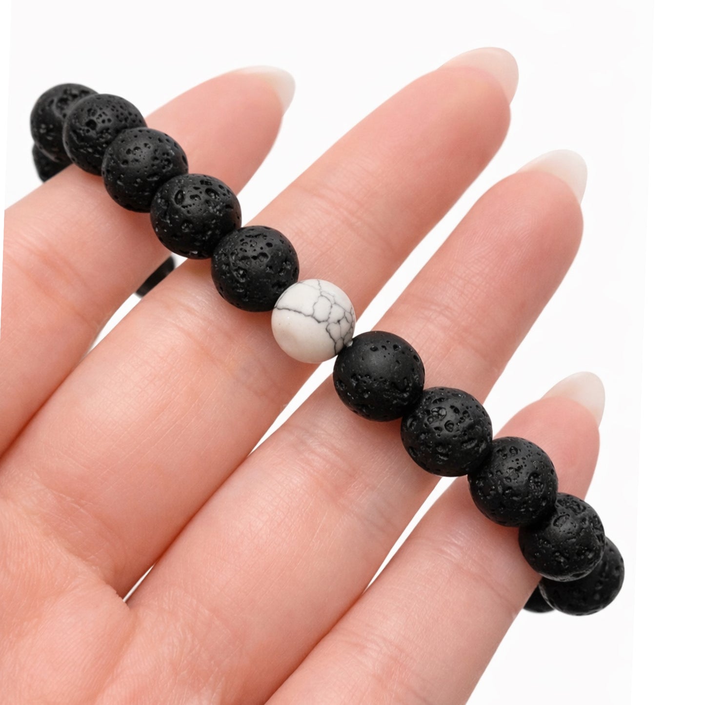 Black Lava Stone & White Howlite Beaded Stretch Bracelet