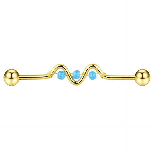 18k Gold Wavy Industrial Barbell with Blue Beads – Surgical Steel