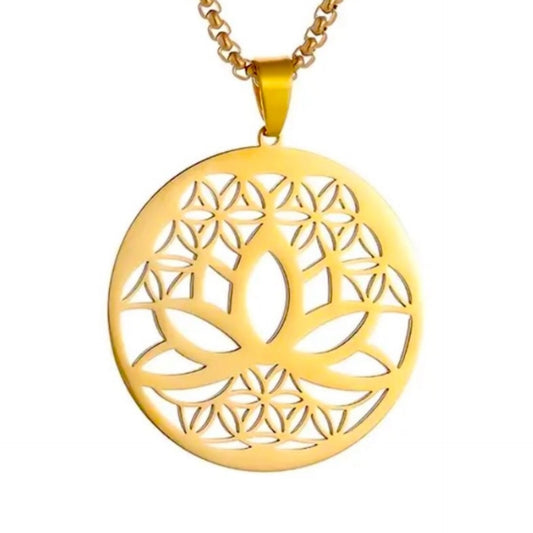 18K Gold Lotus Mandala Pendant Necklace – Stainless Steel Yoga Jewelry