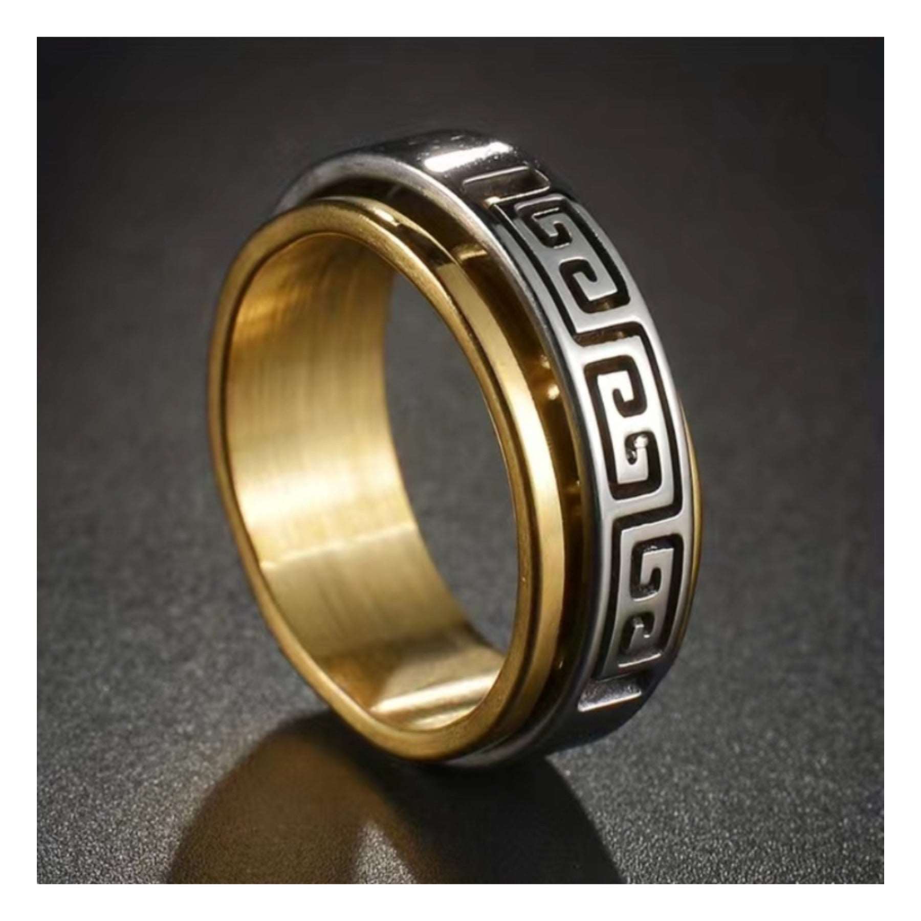 Gold & Silver Cutout Greek Key Stainless Steel Anxiety Fidget Spinner Ring