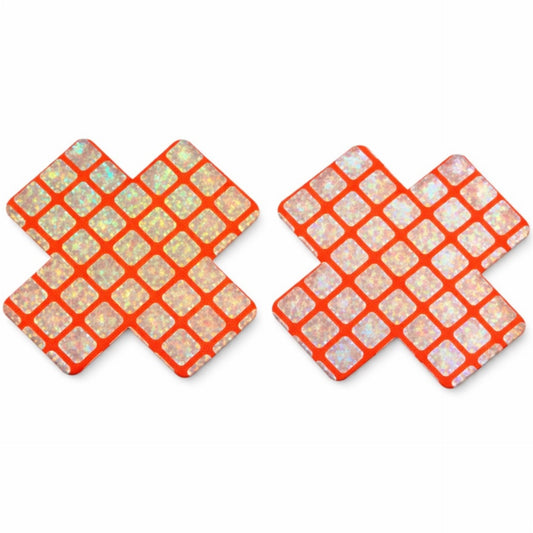 Neon Orange Holographic Grid X Nipple Pasties | Adhesive Festival Rave Clubwear