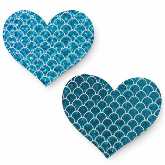 Teal Mermaid Scale Heart Nipple Pasties | Iridescent Glitter Festival Rave Wear