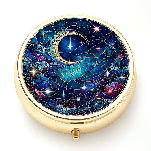 Celestial Moon & Stars Gold Pill Box – 3-Compartment Travel Case