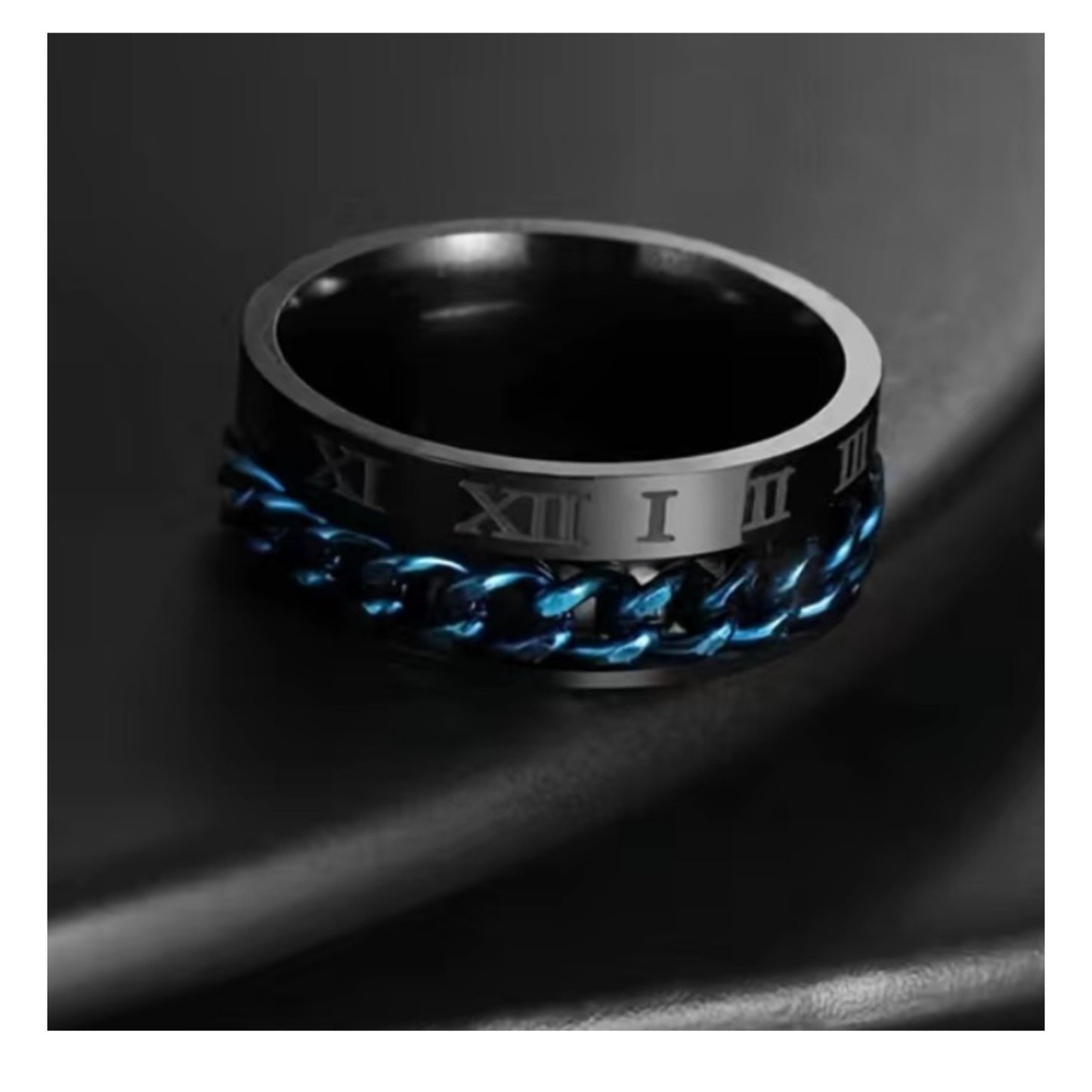 Roman Numeral Blue Chain Black Stainless Steel Silver Anxiety Fidget Spinner Ring