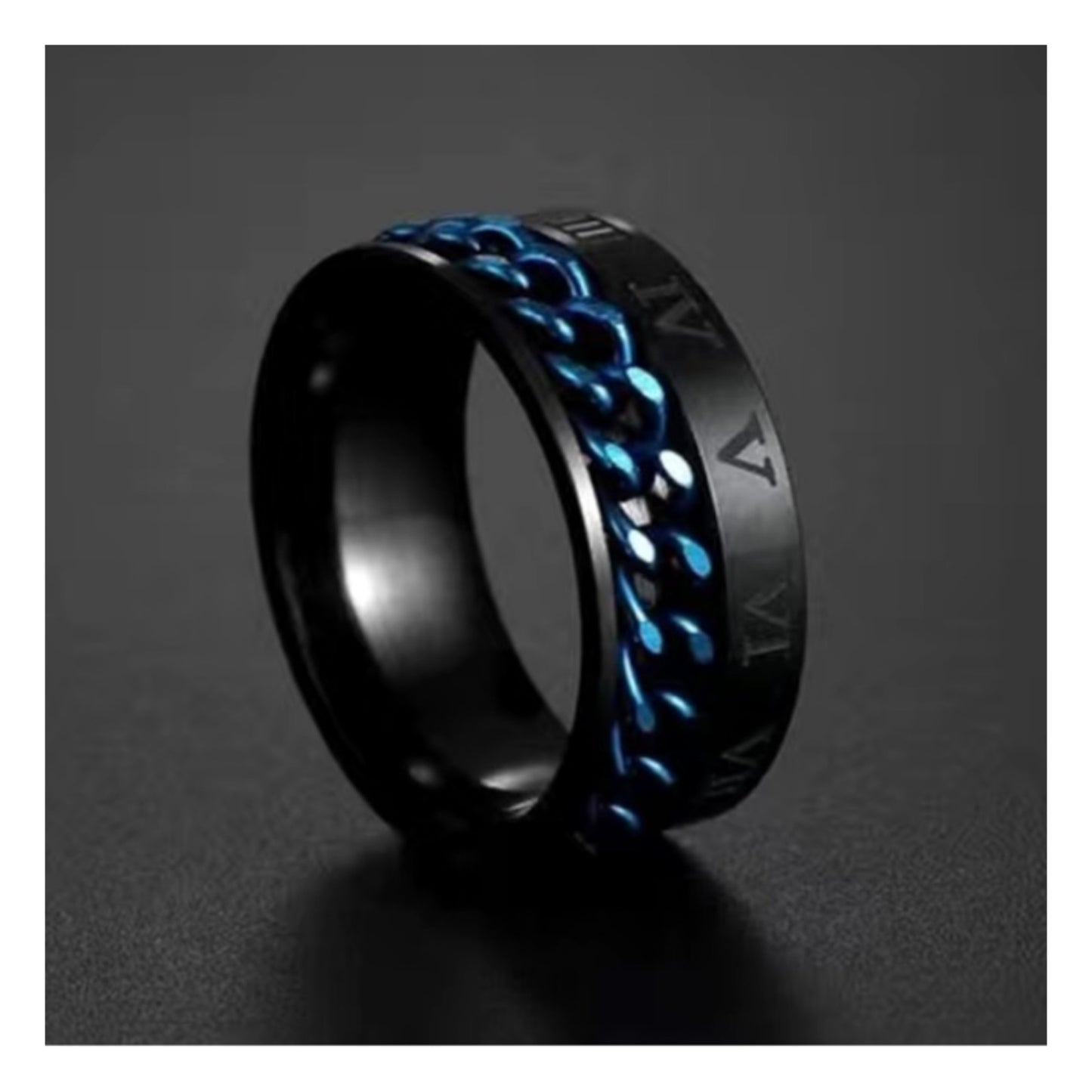 Roman Numeral Blue Chain Black Stainless Steel Silver Anxiety Fidget Spinner Ring