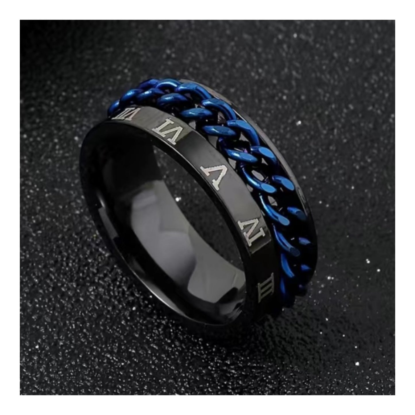 Roman Numeral Blue Chain Black Stainless Steel Silver Anxiety Fidget Spinner Ring