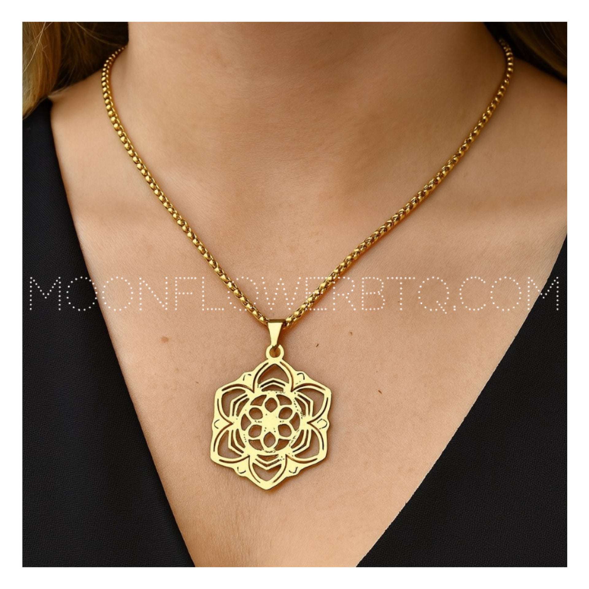 Gold Lotus Mandala Pendant Necklace – 18k GP Stainless Steel Spiritual Flower Charm