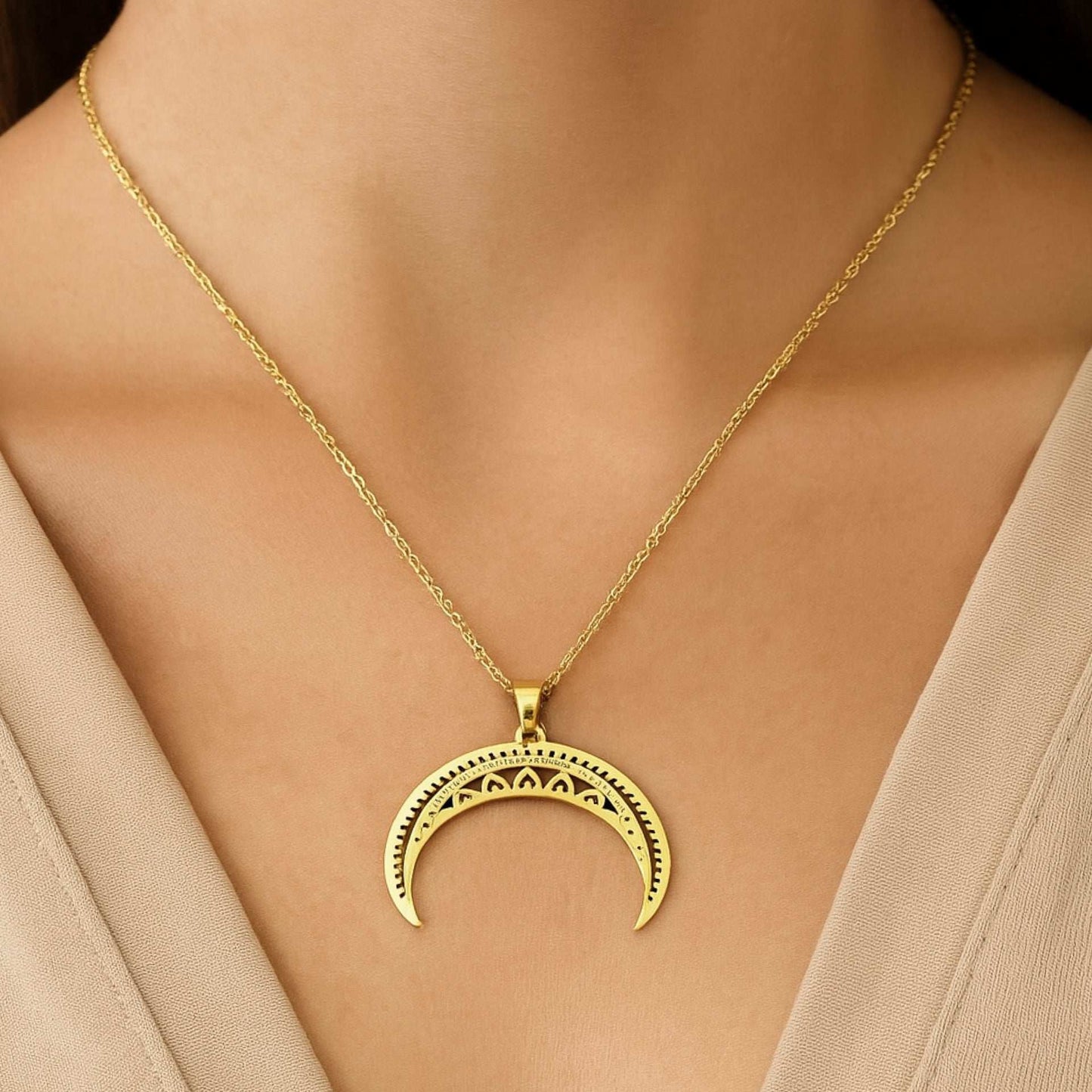 18k Gold Plated Stainless Steel Crescent Moon Cutout Necklace