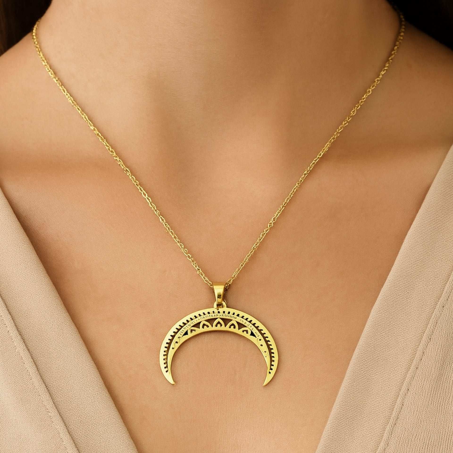 18k Gold Plated Stainless Steel Crescent Moon Cutout Necklace