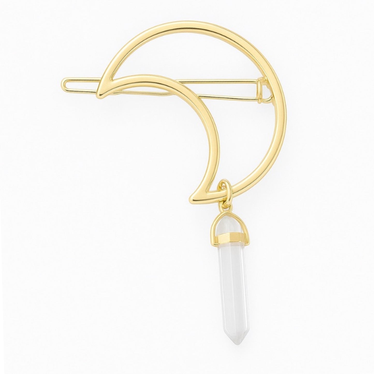 Gold Crescent Moon Hair Clip with Crystal Pendant