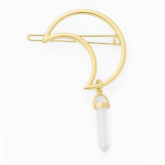 Gold Crescent Moon Hair Clip with Crystal Pendant