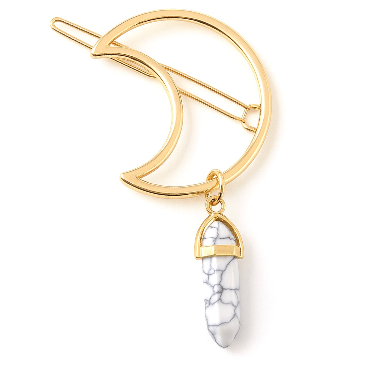 Gold Crescent Moon Hair Clip with Howlite Crystal Pendant – Boho Hair Accessory