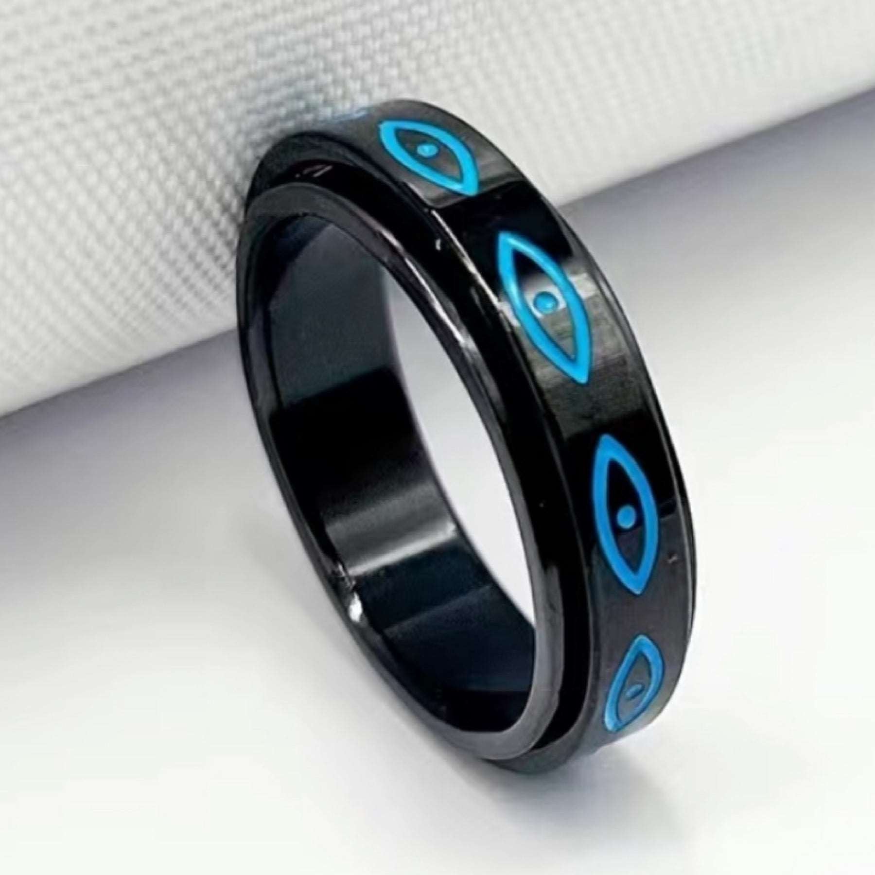 Black Blue Evil Eye Stainless Steel Silver Anxiety Fidget Spinner Ring