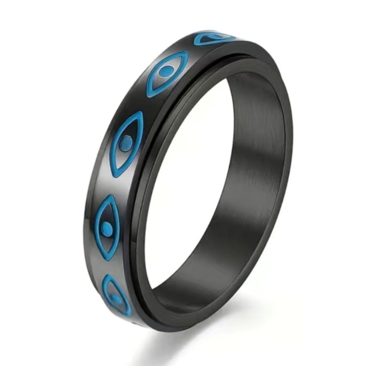 Black Blue Evil Eye Stainless Steel Silver Anxiety Fidget Spinner Ring