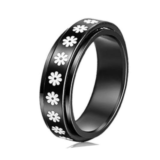 Black Daisy Flower Stainless Steel Silver Anxiety Fidget Spinner Ring