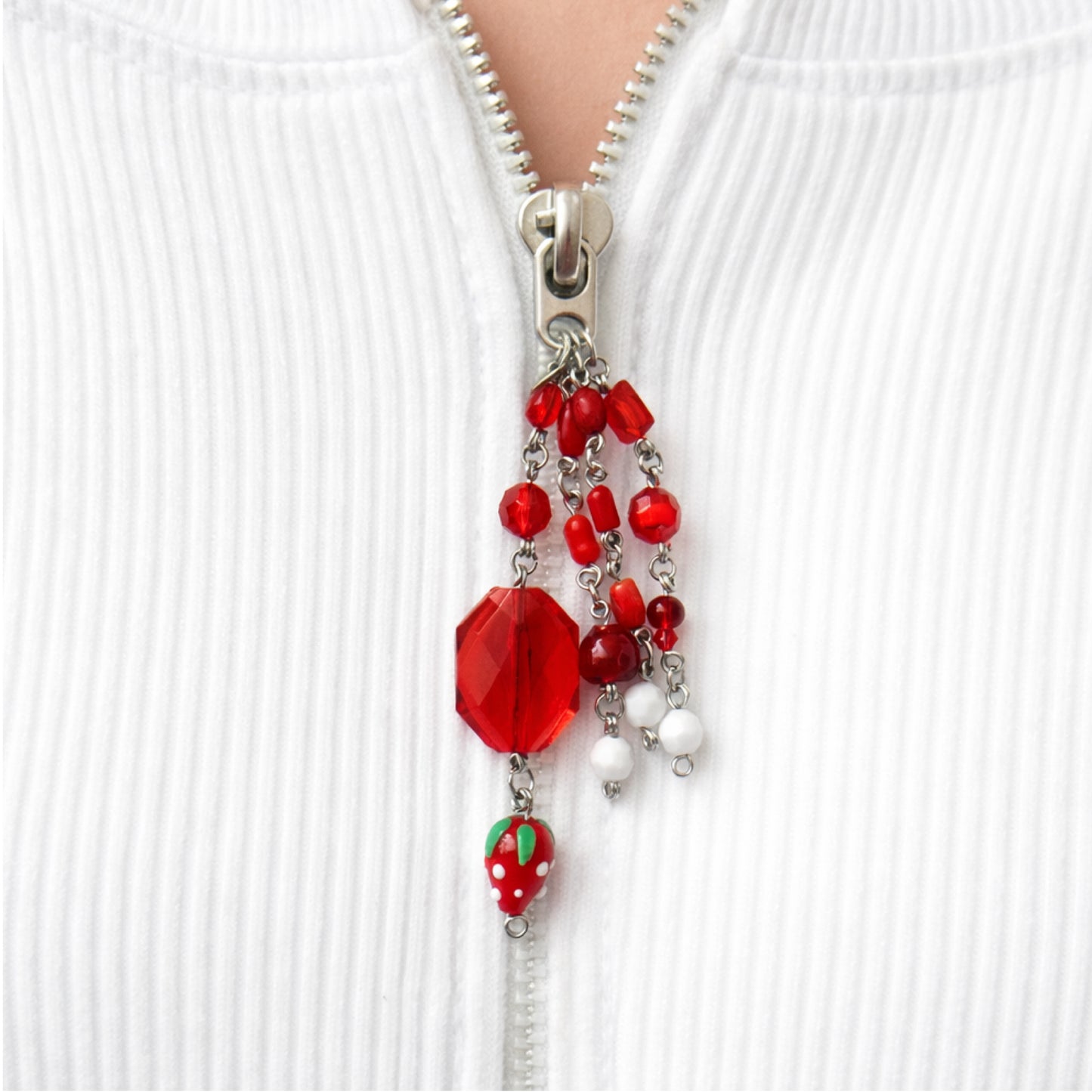Red Beaded Strawberry Charm - Keychain Bag Charm Zipper Pull