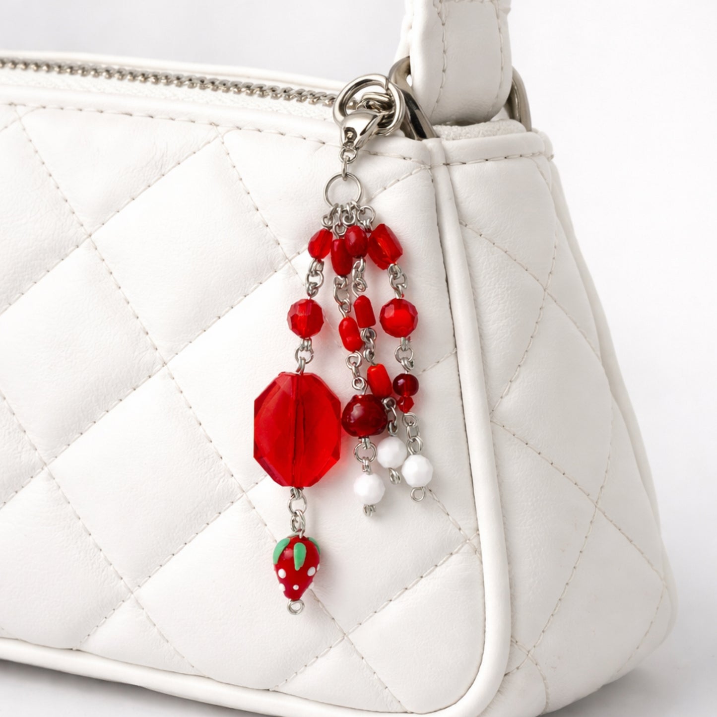Red Beaded Strawberry Charm - Keychain Bag Charm Zipper Pull