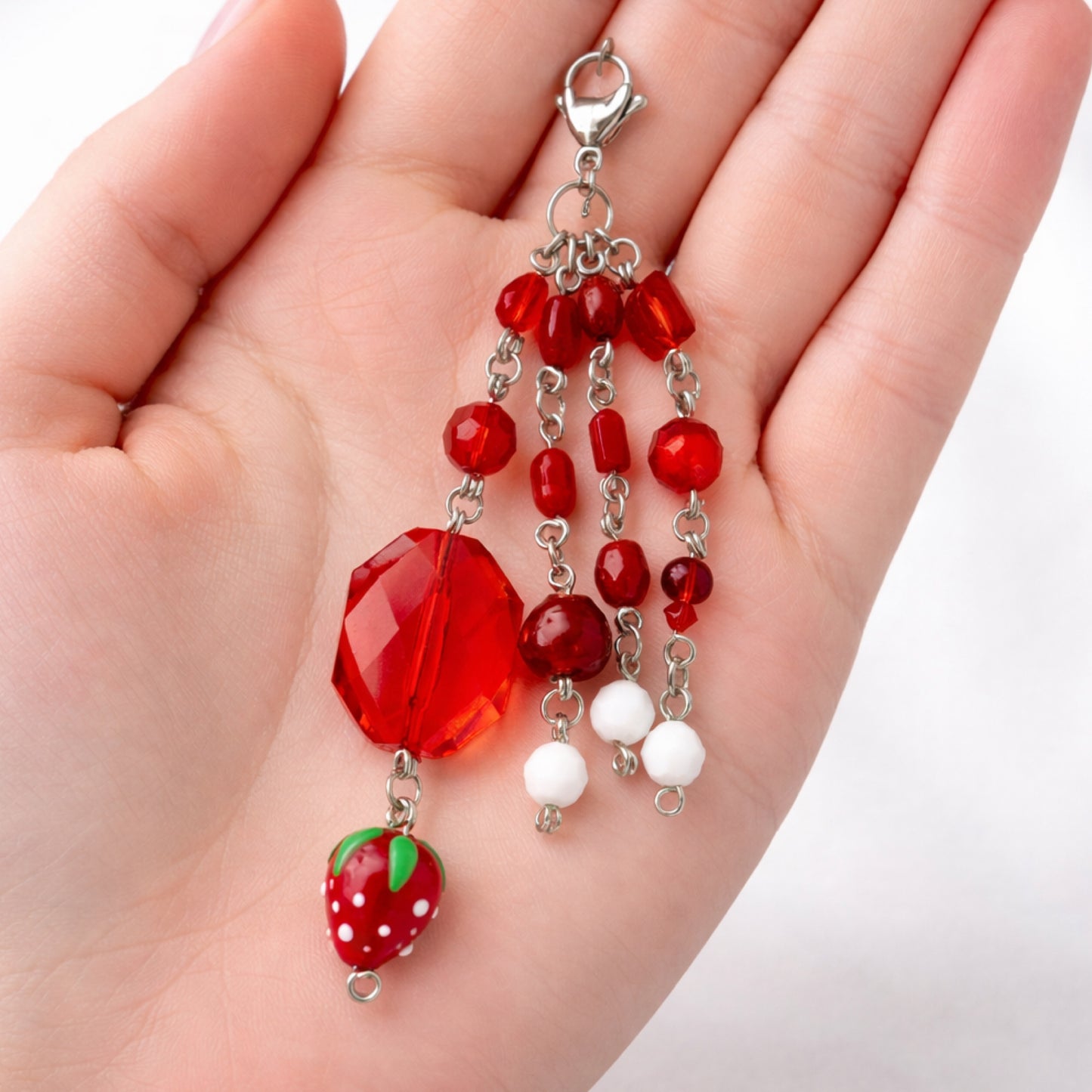 Red Beaded Strawberry Charm - Keychain Bag Charm Zipper Pull