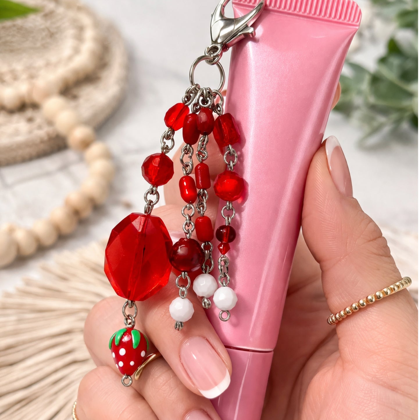 Red Beaded Strawberry Charm - Keychain Bag Charm Zipper Pull