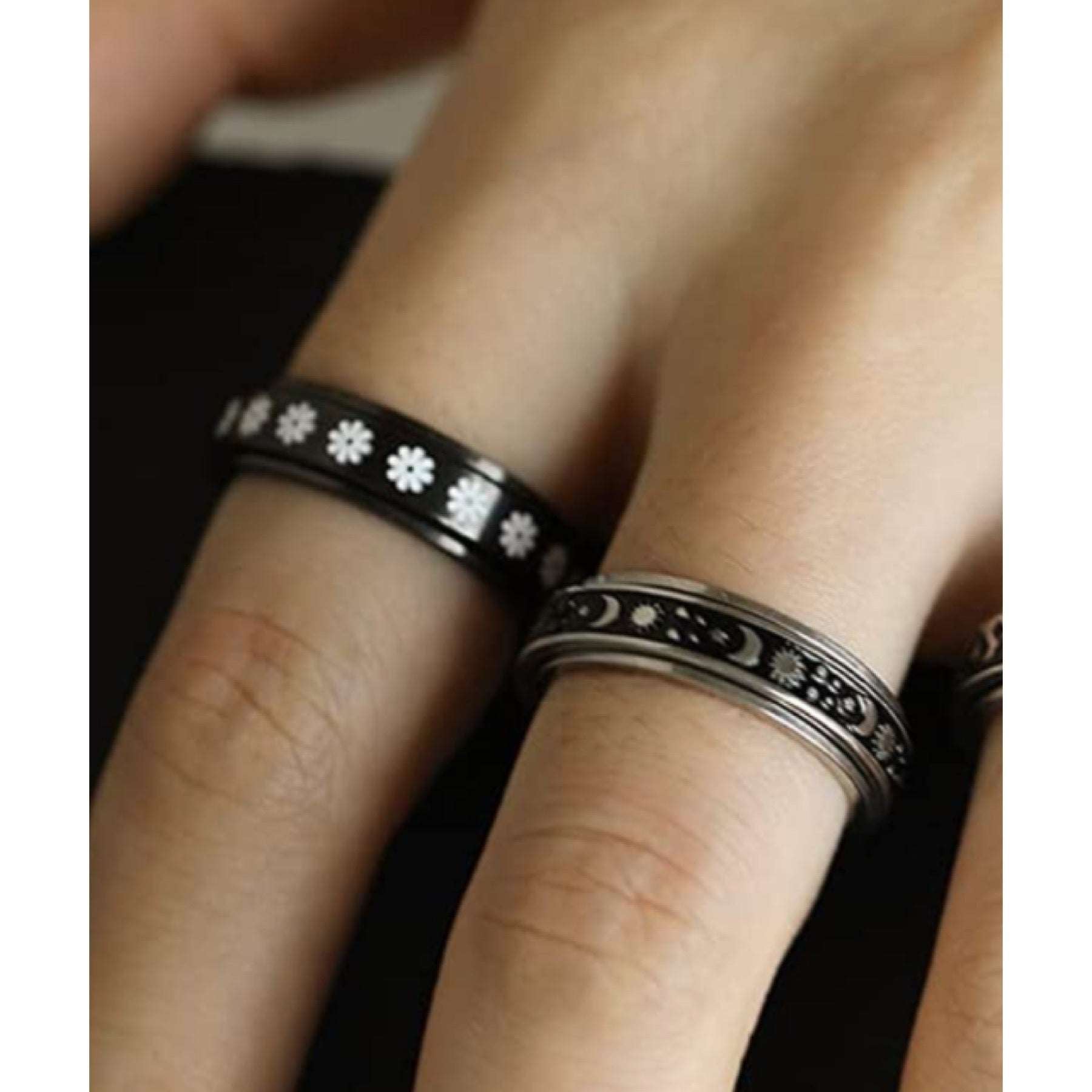 Black Daisy Flower Stainless Steel Silver Anxiety Fidget Spinner Ring