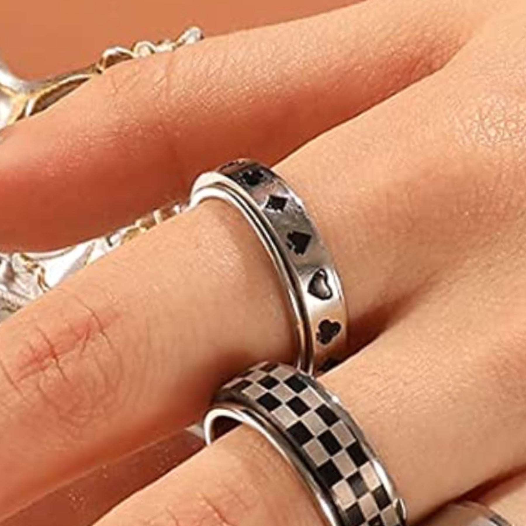 Checkerboard Stainless Steel Anxiety Fidget Spinner Ring