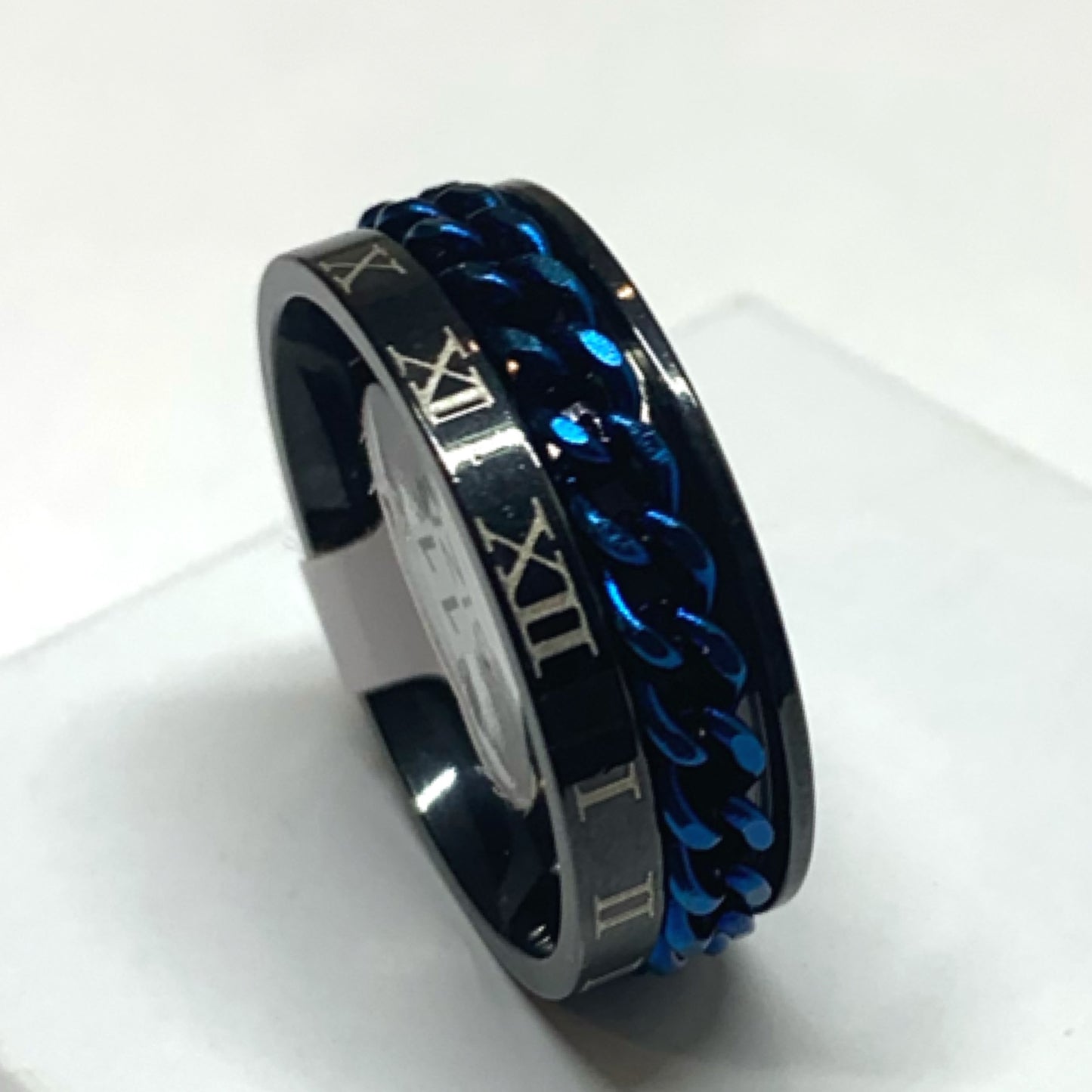 Roman Numeral Blue Chain Black Stainless Steel Silver Anxiety Fidget Spinner Ring