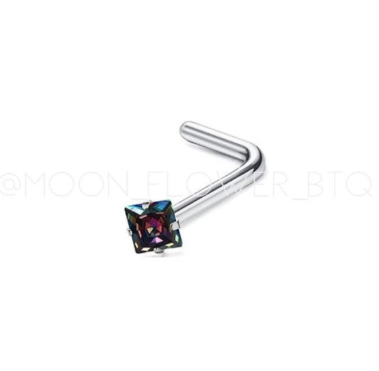 Rainbow Square CZ L Shaped Nose Ring