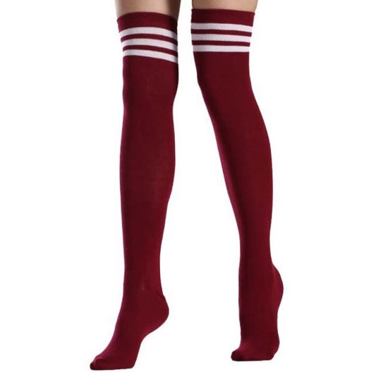 Burgundy White Striped Over the Knee Thigh High Socks