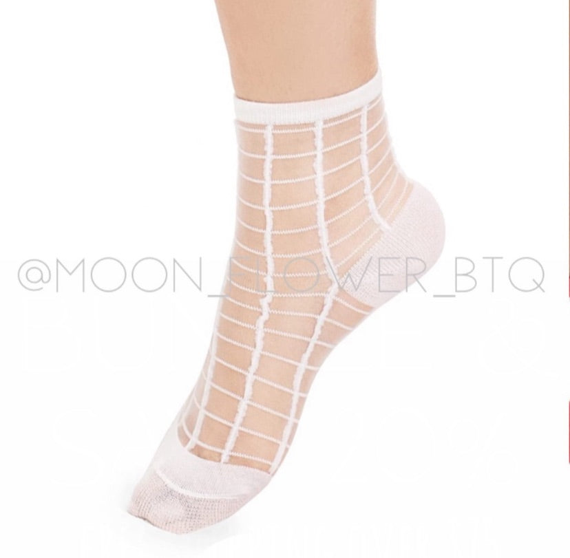 White Plaid Check Sheer Mesh Transparent Nylon Socks