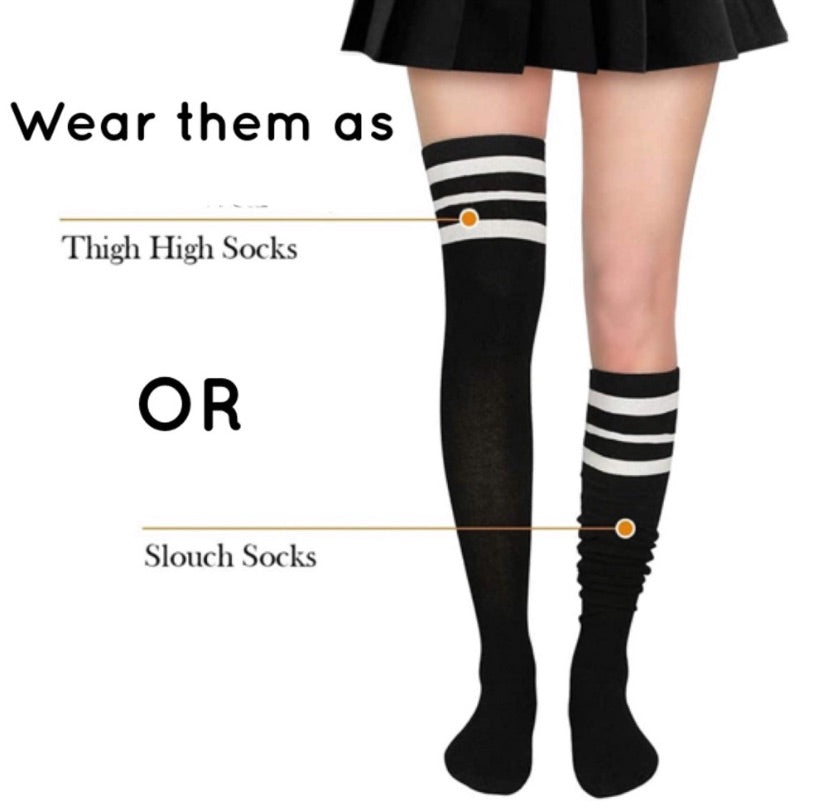 White Black Striped Over the Knee Thigh High Socks