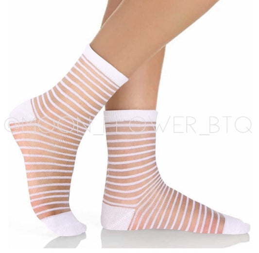 White Striped Sheer Mesh Transparent Nylon Socks