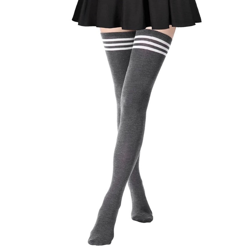 Charcoal Gray White Striped Over the Knee Thigh High Socks