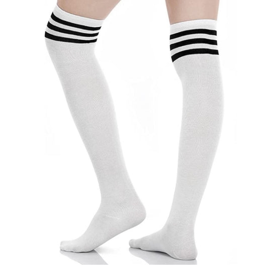 White Extra Long Thigh High Socks – Black Stripe Over the Knee