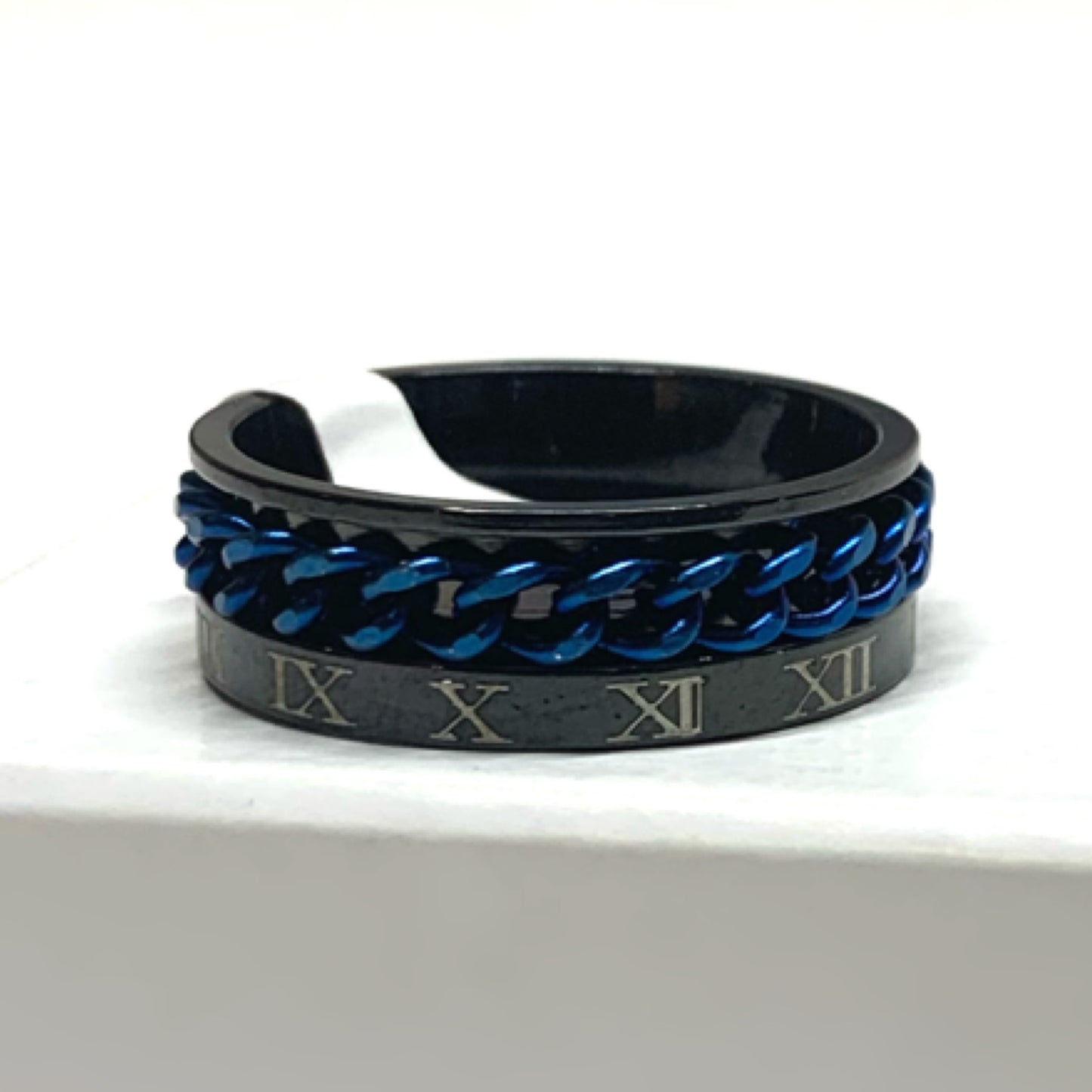 Roman Numeral Blue Chain Black Stainless Steel Silver Anxiety Fidget Spinner Ring