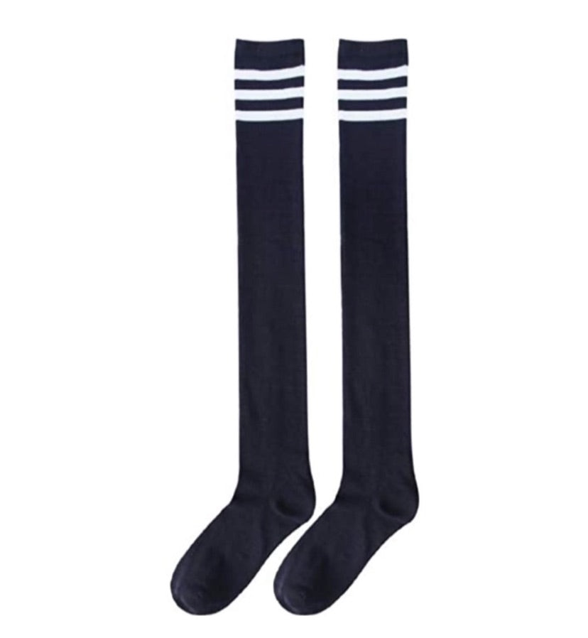 Navy Blue White Striped Over the Knee Thigh High Socks