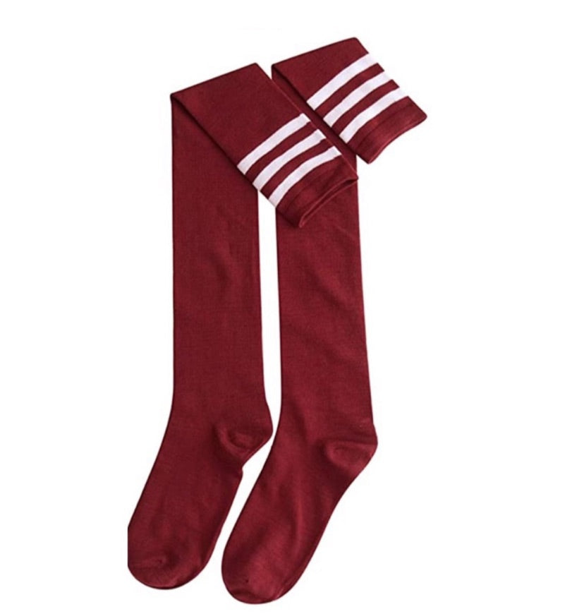 Burgundy White Striped Over the Knee Thigh High Socks