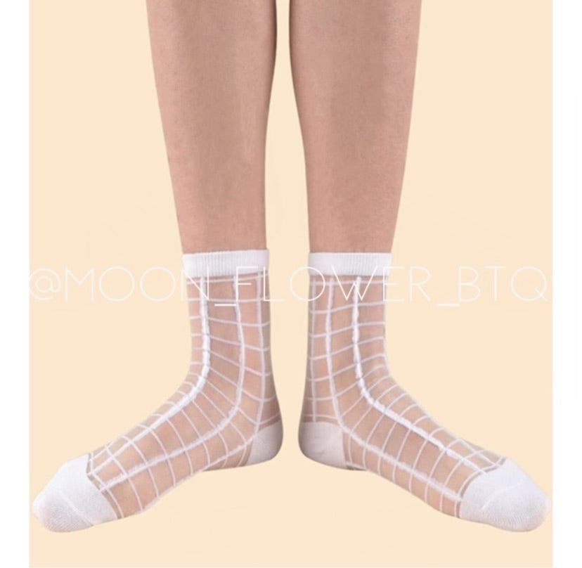 White Plaid Check Sheer Mesh Transparent Nylon Socks