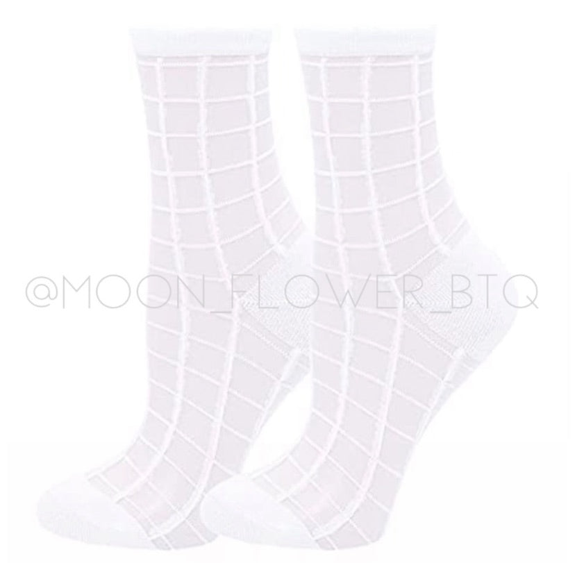 White Plaid Check Sheer Mesh Transparent Nylon Socks