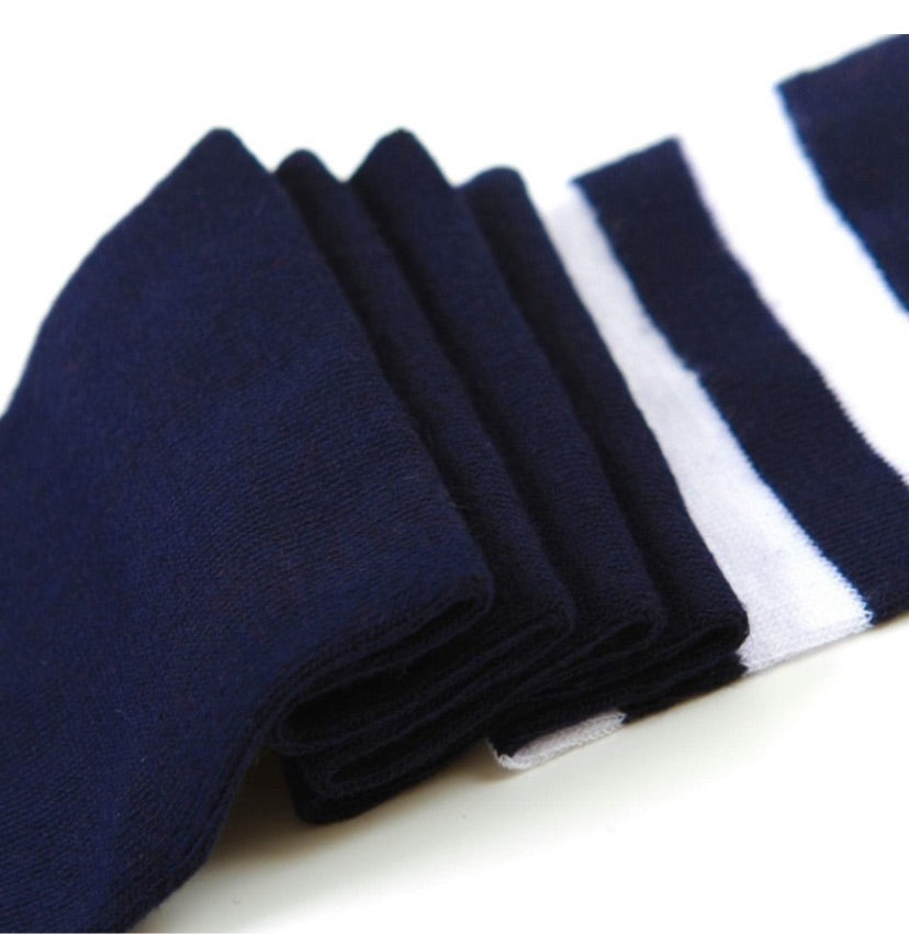 Navy Blue White Striped Over the Knee Thigh High Socks