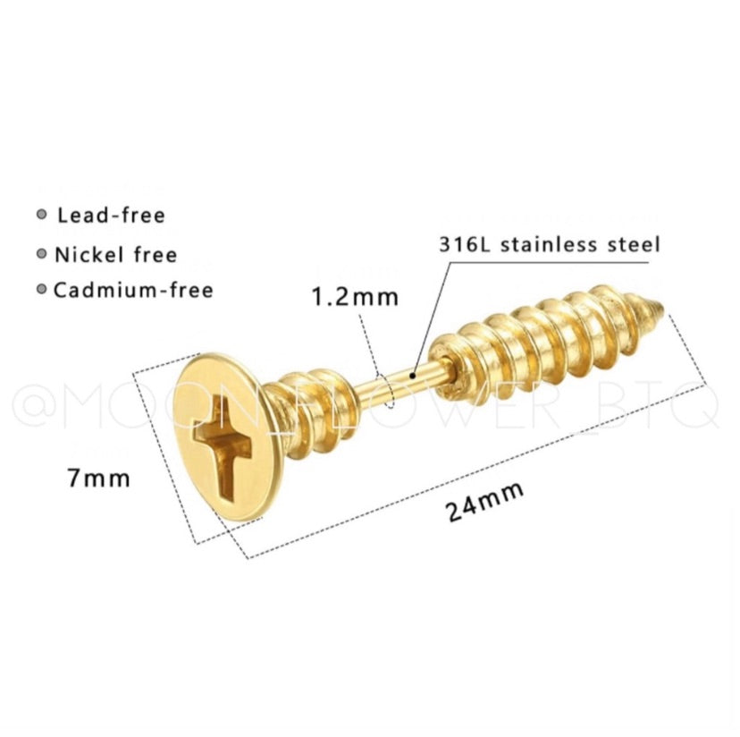 Gold Stainless Steel Screw Stud Earrings