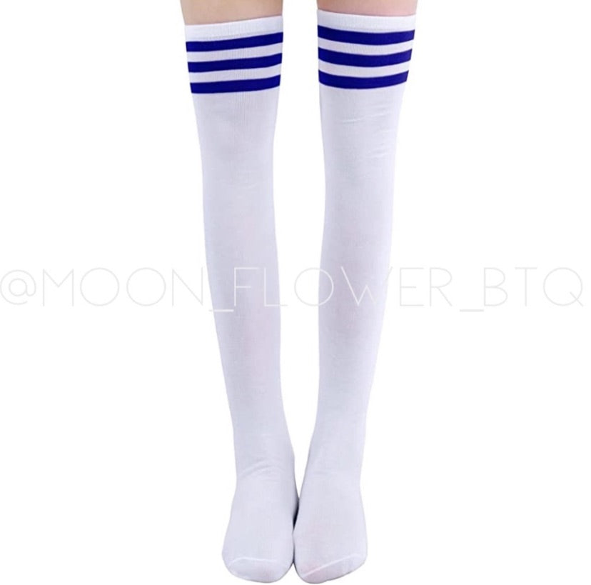 White Blue Striped Over the Knee Thigh High Socks