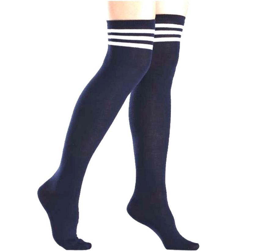 Navy Blue White Striped Over the Knee Thigh High Socks