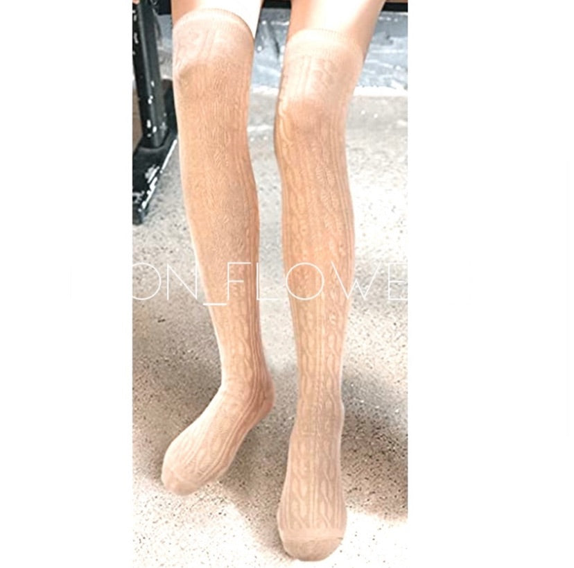 Tan Organic Cotton Knit Over the Knee Thigh High Socks