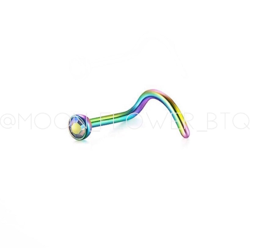 Rainbow CZ Hook Screw Nose Ring