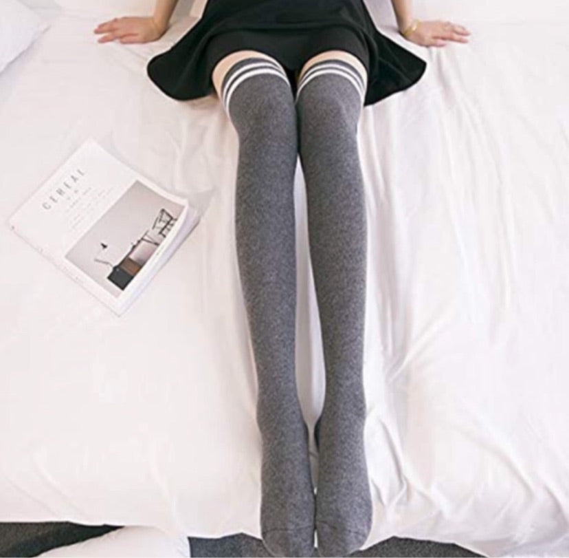 Charcoal Gray White Striped Over the Knee Thigh High Socks